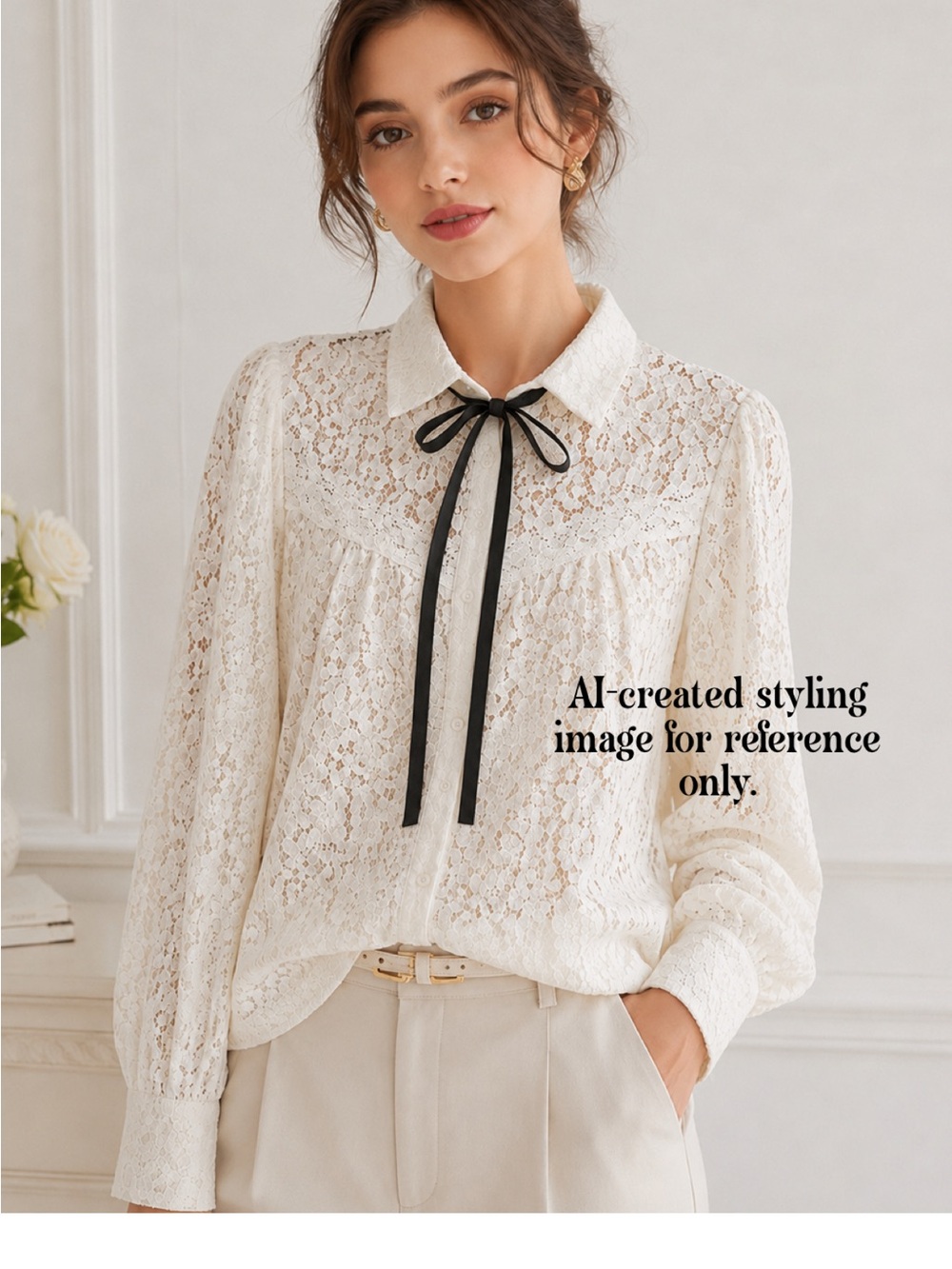 Women's Ivory Lace Long-Sleeve Blouse with Black Ribbon Tie